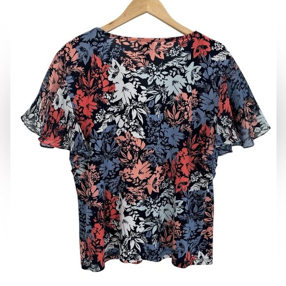 Coco Bianco Multicolor Floral Flutter Sleeve Zip Front Blouse V-Neck - Picture 2 of 11